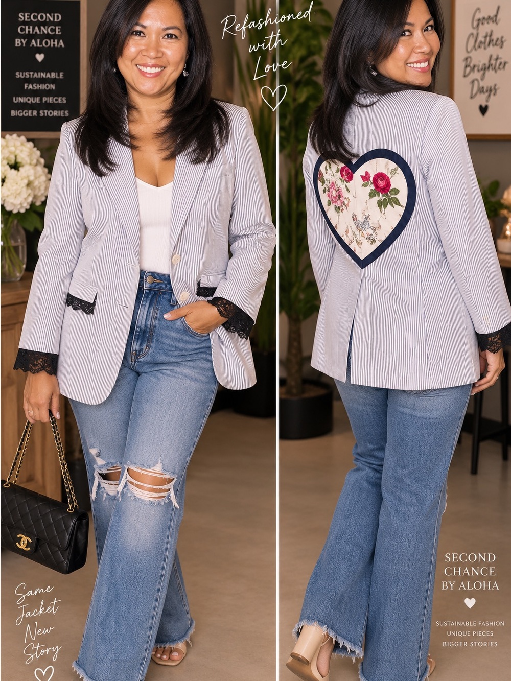 Brooks Brothers Refashioned Pinstripe Blazer Lace Floral Heart OOAK